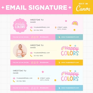 Op de afbeelding: E-mail handtekening sjabloon met een kleurrijk regenboog- en sterrendesign. De tekst "Happy Colors" wordt weergegeven in een speels lettertype. De sjabloon biedt ruimte voor een naam, functie, contactgegevens, social media links en een website-adres.