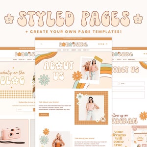 Pode incluir: Um modelo de design de site com uma est&eacute;tica retr&ocirc;. O modelo apresenta um fundo rosa claro com um design de arco-&iacute;ris e uma foto de duas mulheres. O texto "Sobre n&oacute;s" est&aacute; em uma fonte estilizada com um gr&aacute;fico de flores. O site tamb&eacute;m inclui uma se&ccedil;&atilde;o de blog, uma p&aacute;gina de contato e uma se&ccedil;&atilde;o de loja.