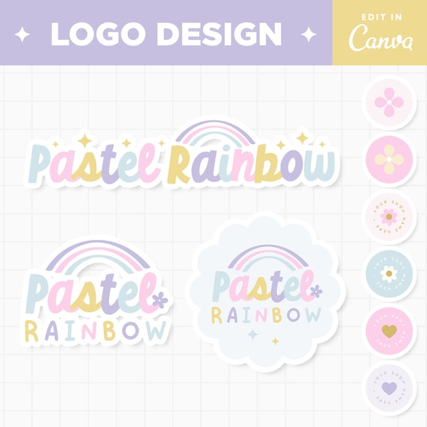 Logotipo editable en colores pastel del arco iris Diseño de logotipo Personalizable Colorido Rosa Púrpura Azul Logotipo de marca Boutique Tienda Logotipo de pequeña empresa