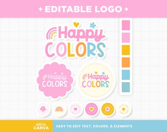 Editable Logo in Rainbow Bright Happy Colors Logo Design Customizable Pink Orange Branding Logo Boutique Shop Small Business Logo - HPC