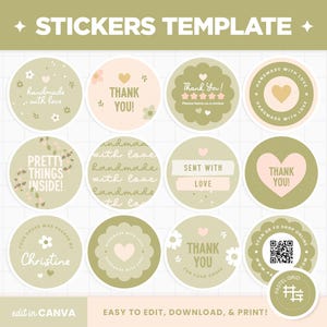 May include: A set of 10 round stickers with various designs and text. The stickers are in a pastel colour scheme with green, pink, and white. The text on the stickers includes "handmade with love", "thank you", "pretty things inside", "sent with love", and "scan to shop online".