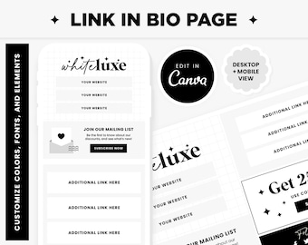 Lien dans un modèle modifiable Bio Canva en noir et blanc Page de destination du lien Instagram Lien simple et minimaliste dans la conception de page bio WLX