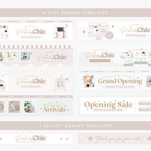 May include: A selection of Etsy banner templates in a soft, neutral colour palette. The designs feature the text "Princess Chic" in elegant script, along with other text elements. The image showcases various banner layouts for shop branding.