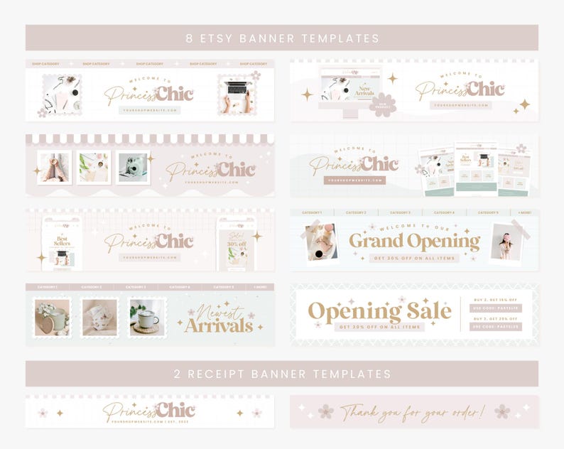 May include: A selection of Etsy banner templates in a soft, neutral colour palette. The designs feature the text "Princess Chic" in elegant script, along with other text elements. The image showcases various banner layouts for shop branding.
