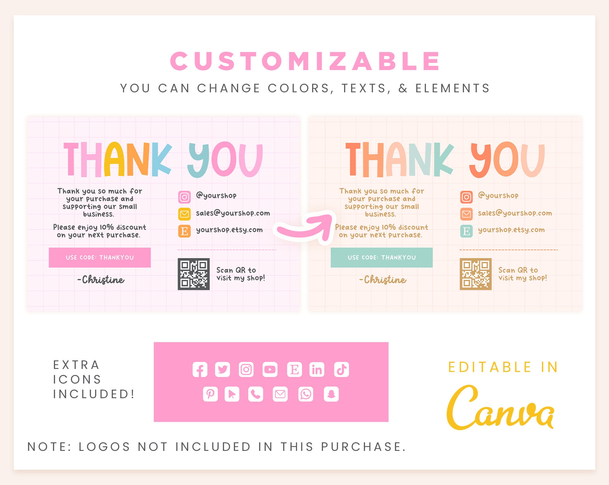 Thank You Card Template Editable in Canva, Rainbow Pink Orange Bright ...