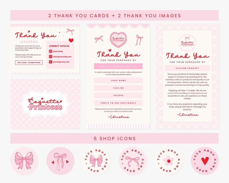 Etsy Shop Banner Templates, Coquette Pink Red Bows Hearts Valentines Etsy Branding Kit Template Editable Canva Banner Etsy Bundles - CQP image 5