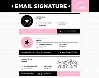 Email Signature Template Editable in Canva, Black Pink White Customizable E-mail Signature Design in Cutie Black N White Collection - CBW