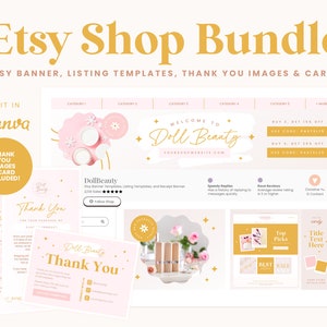 Etsy Shop Bundle - Banner Templates, Listing Photos, and Receipt Banner in Doll Beauty Collection, Editable Canva Templates Etsy Kit