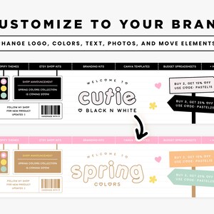 Puede incluir: Una plantilla de banner de tienda Etsy personalizable con dos dise&ntilde;os diferentes. El primer dise&ntilde;o presenta el texto "Bienvenido a cutie BLACK N WHITE" con un coraz&oacute;n y una flor. El segundo dise&ntilde;o presenta el texto "Bienvenido a la primavera COLORS" con un coraz&oacute;n y una flor. Ambos dise&ntilde;os incluyen un sem&aacute;foro, un anuncio de tienda y dos se&ntilde;ales direccionales con ofertas de descuento.