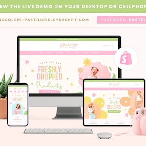 Shopify-thema Lente Kleurrijk Aanpasbare kleuren Shopify-sjabloon Bewerkbare Canva-banners Winkel Vrouwelijk Helder Esthetisch Pastelontwerp afbeelding 2