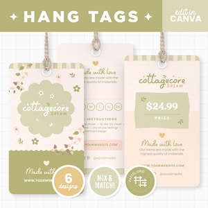 Bearbeitbares Preisschild Canva-Vorlage in Cottagecore Ästhetik, olivgrüne botanische Hangtags für Kleidung, Business-Preisschildvorlage - CDR