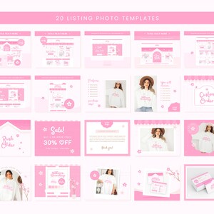 May include: Twenty pink and white listing photo templates for Etsy shops. The templates feature a variety of designs, including a sale announcement, a rush order option, a custom order option, and a thank you card. The templates also include a variety of graphics, such as flowers, stars, and hearts.