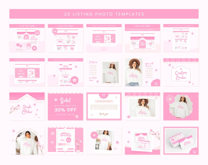 May include: Twenty pink and white listing photo templates for Etsy shops. The templates feature a variety of designs, including a sale announcement, a rush order option, a custom order option, and a thank you card. The templates also include a variety of graphics, such as flowers, stars, and hearts.