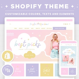 Shopify Theme Pastel Rainbow, Customizable Colors Shopify Theme, Editable Canva Banners, Boutique Feminine Aesthetic Shopify Template Design