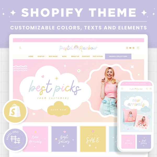 Tema de Shopify Arco iris pastel, Tema de Shopify de colores personalizables, Banners de Canva editables, Diseño de plantilla de Shopify de estética femenina boutique