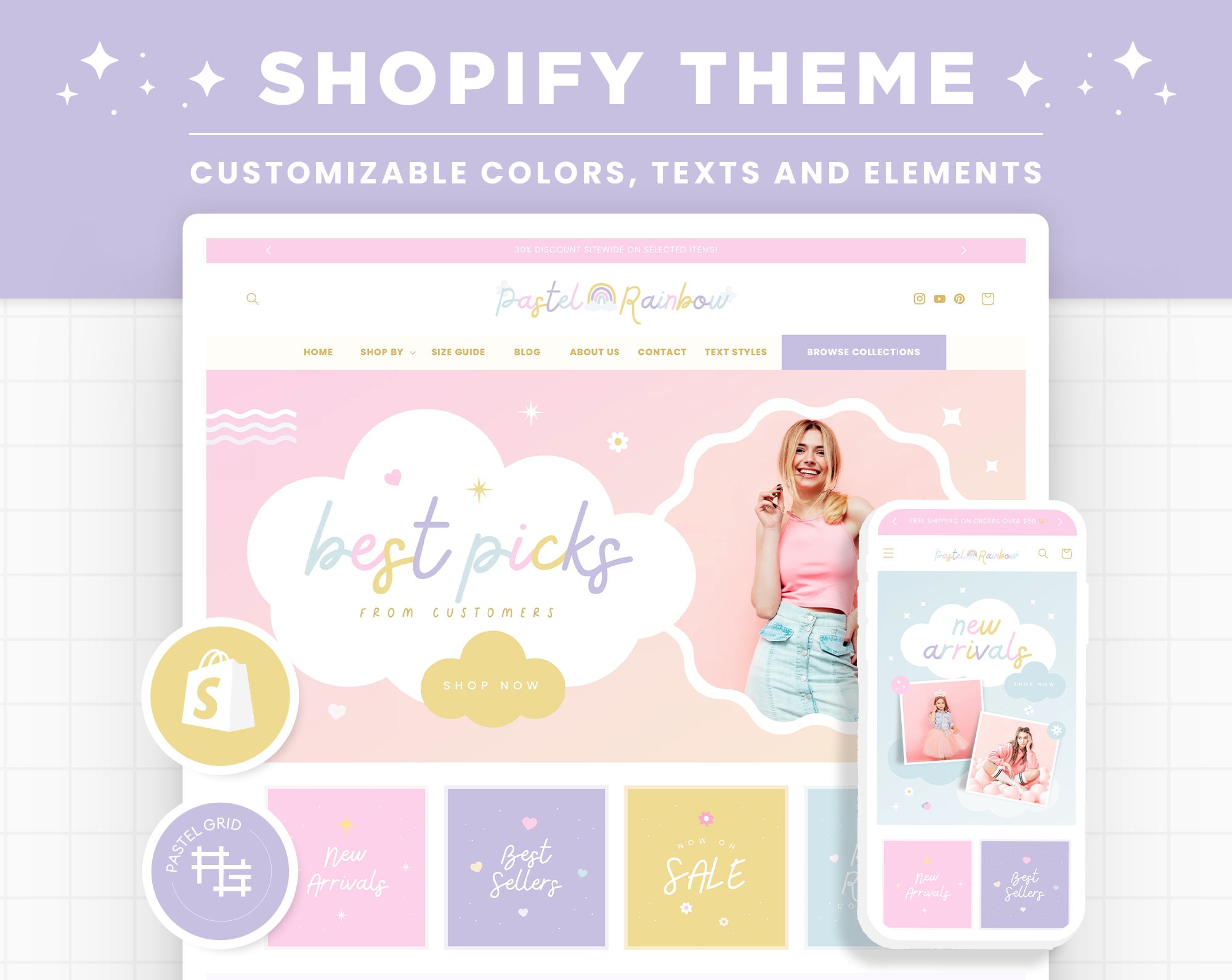 Shopify Theme Pastel Rainbow, Customizable Colors Shopify Theme, Editable Canva Banners, Boutique Feminine Aesthetic Shopify Template - PRB