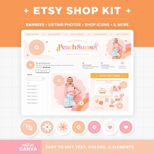 Etsy Shop Banner Templates, Peach Pastel Pink Orange Etsy Branding Kit Template Editable Canva Banner Mockup Templates Etsy Shop Kit - PSS
