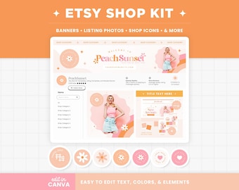 Etsy Shop Banner Templates, Peach Pastel Pink Orange Etsy Branding Kit Template Editable Canva Banner Mockup Templates Etsy Shop Kit - PSS