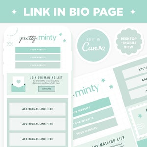 Pode incluir: Um modelo de design gráfico verde claro e branco para uma página de link na bio. O modelo apresenta o texto "pretty minty" e inclui seções para links de sites, inscrição na lista de e-mail e links adicionais. O modelo é projetado para ser editado no Canva.