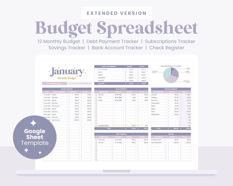 Purple Budget Spreadsheet Extended, Digital Budget Planner, Annual and Monthly Budget Google Sheet Editable Template, Savings, Debt Payment 