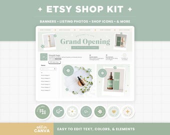 Etsy Shop Bundle - Banner Templates, Listing Photos, and Receipt Banner in Simply Sage Green Editable Etsy Kit on Canva - SSG