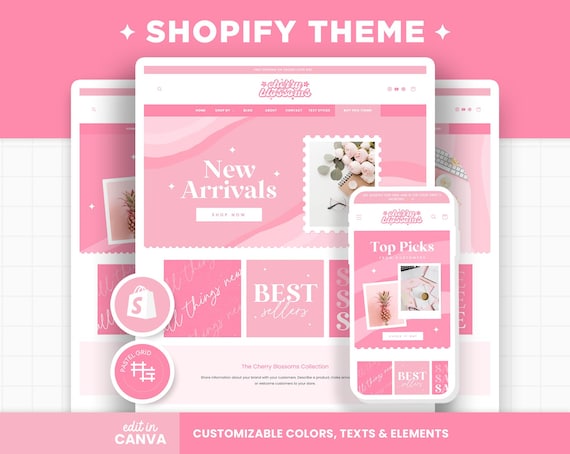 Pink Shopify Theme, Shopify 2.0, Editable Canva Banners, Cherry Blossoms Sakura Boutique, Feminine, Aesthetic Design - CBS