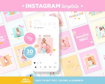 Plantilla para publicaciones de Instagram con colores pastel y arcoíris en formato cuadrado vertical para historias en Canva. Editable en rosa y naranja. Diseño lindo para redes sociales - HPC