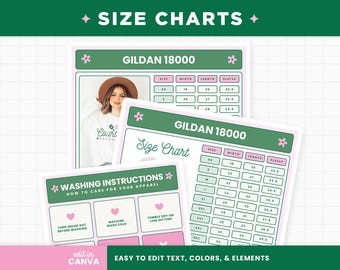 Size Chart and Care Instructions for Gildan 18000, Gildan 18500, Comfort Colors 1717, Canva Editable Template Size Guide - CSA