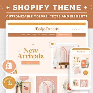 Shopify Theme Boho Beige Brown Shopify Template, Customizable Theme, Editable Canva Banners Boutique Feminine Aesthetic Shopify Theme Design