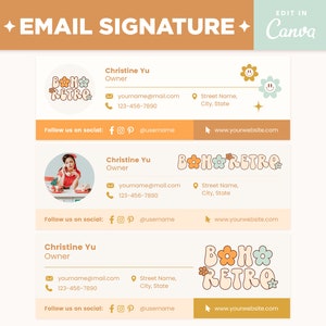 May include: Email signature template with a retro boho theme. The template features a colorful logo with the text "boho retro" and flowers. The template also includes contact information, social media icons, and a website address.