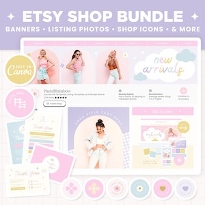 Etsy Shop Banner Templates, Pastel Rainbow Etsy Bundle Branding Kit Template Editable Canva Banner Mockup Templates Etsy Shop Kit