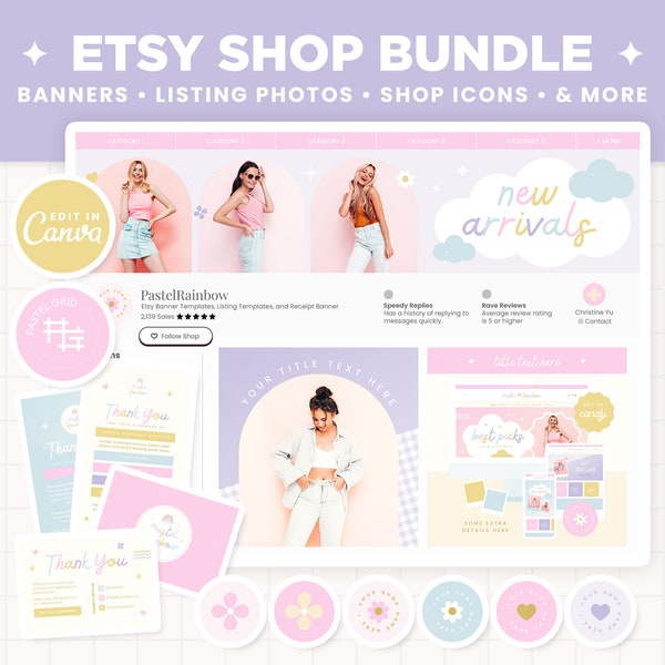 Etsy Shop Banner Vorlagen, Pastell Regenbogen Etsy Bundle Branding Kit Template Bearbeitbare Canva Banner Mockup Vorlagen Etsy Shop Kit