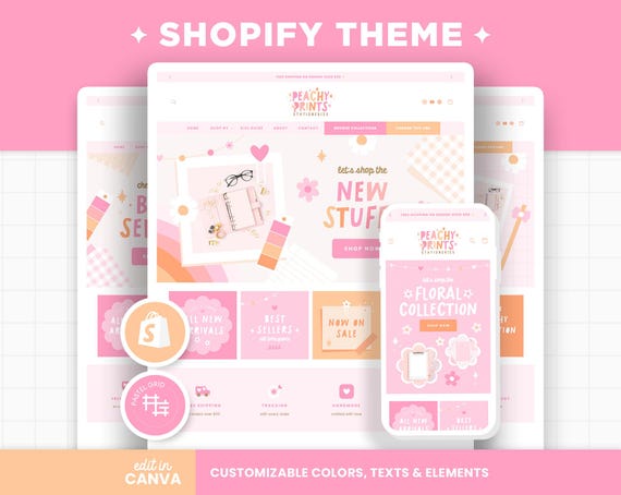 Shopify Theme Pink Peach Orange Customizable Colors Shopify Template Editable Canva Banners Boutique Feminine Aesthetic Shopify Theme - PPR