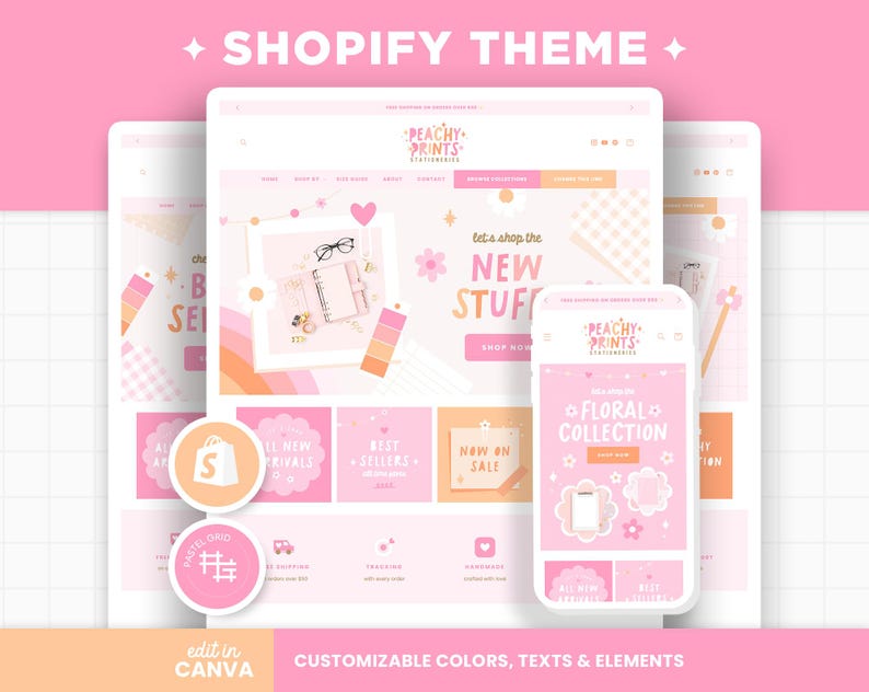 Tema de Shopify: Rosa, Melocotón, Naranja, Colores personalizables, Plantilla de Shopify, Banners editables de Canva, Boutique, Estética femenina, Tema de Shopify - PPR imagen 1