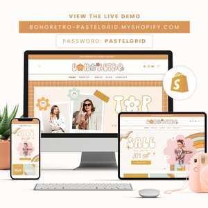 Pode incluir: Uma maquete de um site para uma loja chamada "bohoretro" com uma faixa de venda que diz "Sale set up to 30% off". O site &eacute; mostrado em um computador desktop, um tablet e um smartphone. O site tem uma est&eacute;tica retr&ocirc; com um padr&atilde;o de grade e um gr&aacute;fico de flores. O site tamb&eacute;m tem um &iacute;cone de carrinho de compras e um link para o blog da loja.