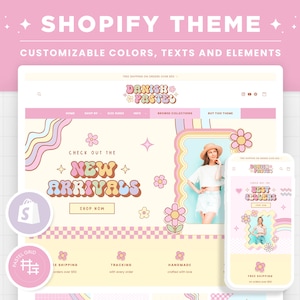 Shopify Theme Danish Pastel Groovy Rainbow Customizable Shopify Template Editable Canva Banners Retro Design Bright Colors Shop Design - DPT