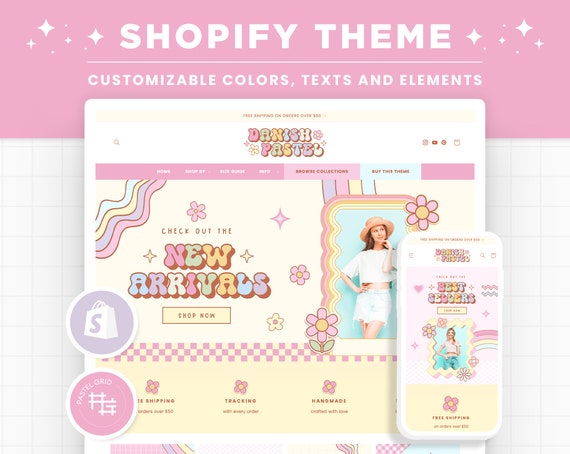 Shopify Theme Danish Pastel Groovy Rainbow Customizable Shopify Template  Editable Canva Banners Retro Design, Bright Colors Shop Design 