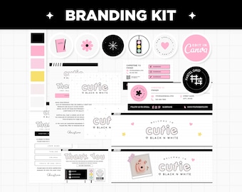 Branding Kit Black White Pink Canva Templates Editable Business Card Thank You Cards Facebook Pinterest Instagram Youtube Twitter - CBW