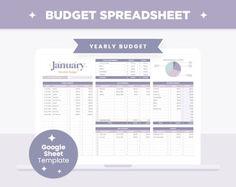 Purple Budget Spreadsheet Extended, Digital Budget Planner, Annual and Monthly Budget Google Sheet Editable Template, Savings, Debt Payment