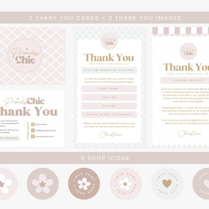 May include: A selection of digital stationery in soft pink and beige hues. The set includes thank you cards, branding templates, and shop icons with floral and heart designs. The text "Princess Chic" is displayed.