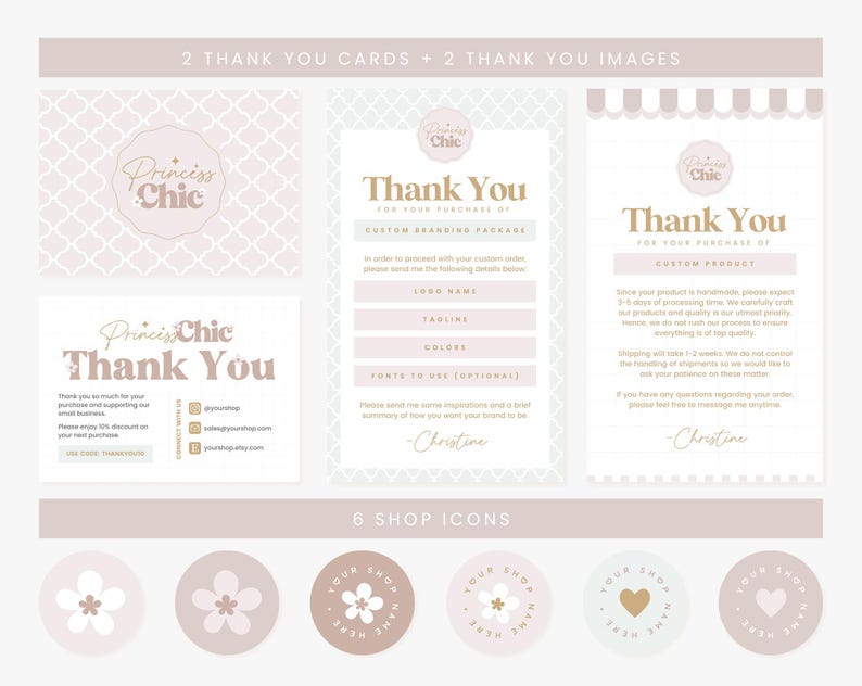 May include: A selection of digital stationery in soft pink and beige hues. The set includes thank you cards, branding templates, and shop icons with floral and heart designs. The text "Princess Chic" is displayed.