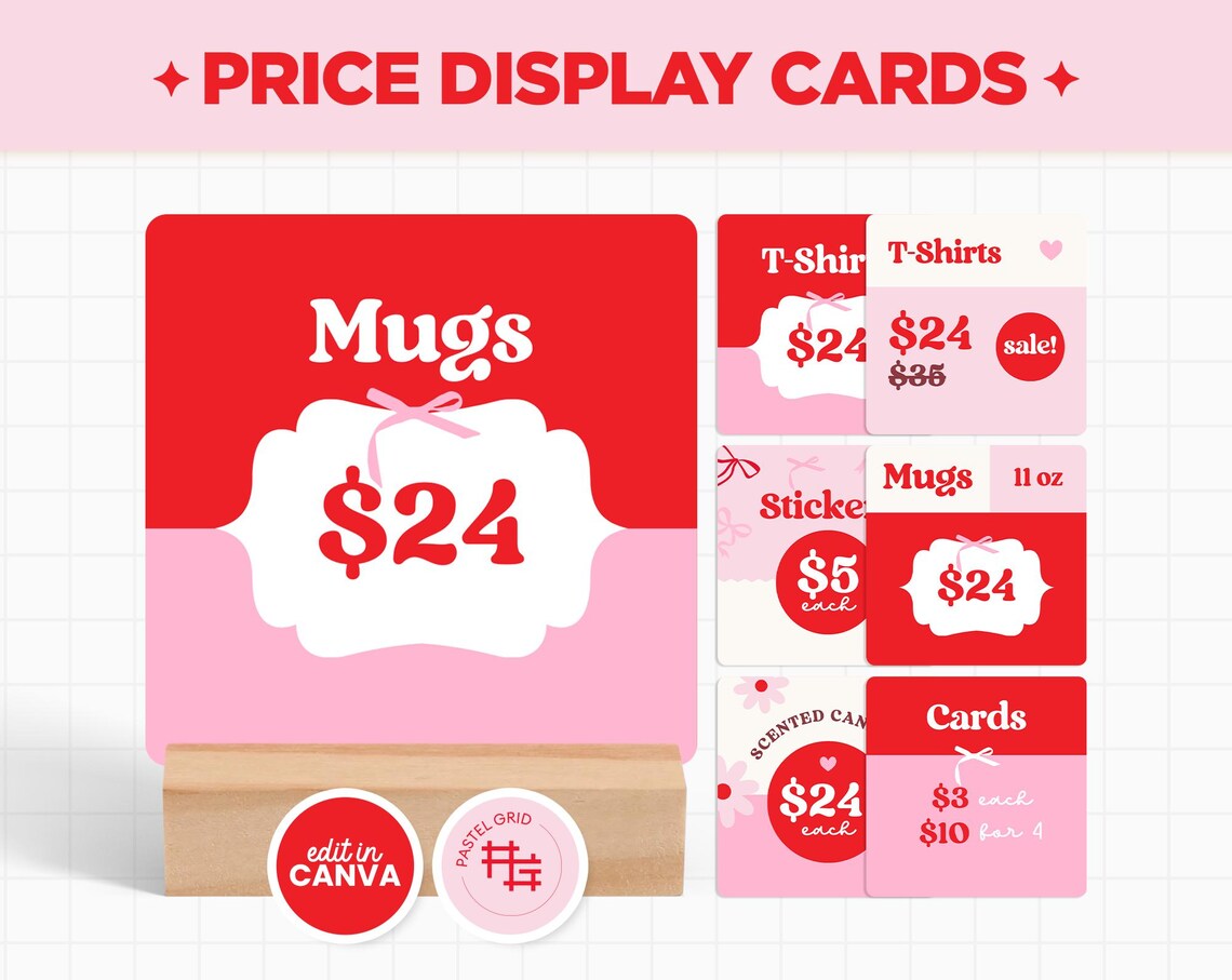 Price Display Cards Editable Canva Template in Coquette Aesthetic, Pink ...