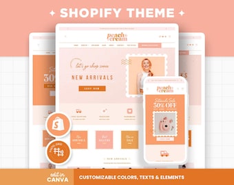 Shopify-thema perzikroze goud Aanpasbaar Shopify-sjabloon Bewerkbare canvasbanners Boutique Vrouwelijk ontwerp, felle kleuren Shopontwerp - PCR