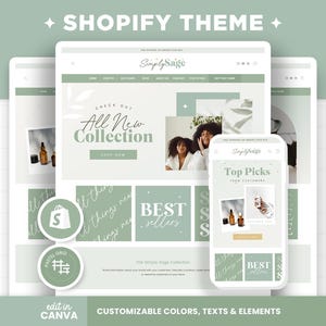 Shopify Theme Sage Green, Customizable Shopify Template, Editable Canva Banners, Skincare Boutique Aesthetic Design Shopify Website - SSG image 1