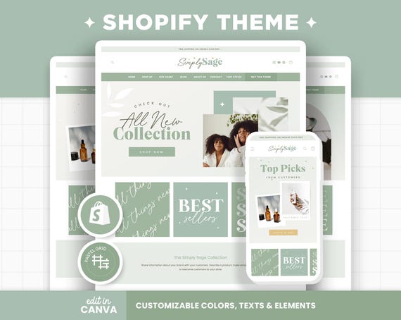 Shopify Theme Sage Green, Customizable Shopify Template, Editable Canva Banners, Skincare Boutique Aesthetic Design Shopify Website - SSG
