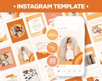 May include: A set of 30 Instagram templates featuring a pastel colour palette with orange, yellow, and white. The templates feature a variety of designs, including text boxes, images, and icons. The text "edit in CANVA" is included in the image.