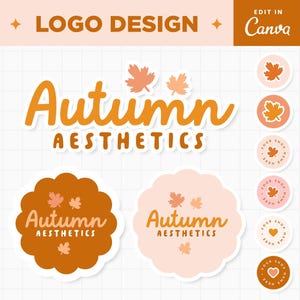 Può includere: Un set di design di loghi con il testo "Autumn Aesthetics" in giallo-arancione con un font stilizzato. I loghi includono diverse disposizioni di foglie arancioni e pesca. I loghi sono perfetti per un'azienda o un marchio con un tema autunnale.