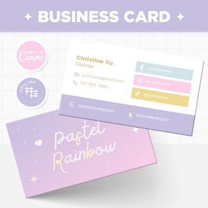 Visitenkarte Vorlage bearbeitbar in Canva, Pastell Regenbogen Farben Niedliches anpassbares Calling Card Design - PRB