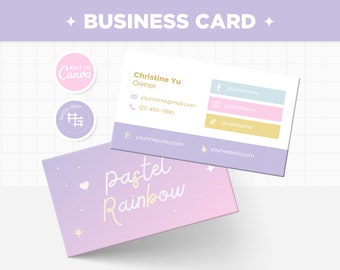 Business Card Template Editable in Canva, Pastel Rainbow Colors Cute Customizable Calling Card Design in Pastel Rainbow Collection