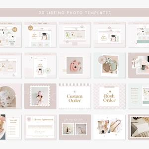 May include: A set of 20 listing photo templates in a muted colour scheme. The templates feature designs for product displays, promotional graphics, and custom order announcements. Text includes "Title Text Here", "Best Sellers", "Custom Order", and "Rush Order".